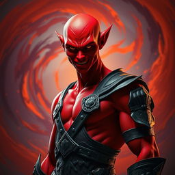 A striking portrait of a red-skinned humanoid figure, with vibrant crimson skin, standing confidently