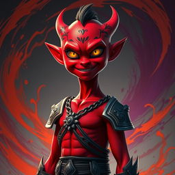 A striking portrait of a red-skinned humanoid figure, with vibrant crimson skin, standing confidently