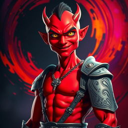 A striking portrait of a red-skinned humanoid figure, with vibrant crimson skin, standing confidently