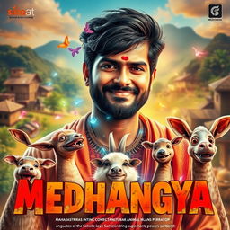 A cinematic action comedy film poster titled 'MEDHANGYA,' featuring an Indian Maharashtrian villager man who possesses both human and animal mind-reading supernatural powers