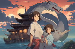 Studio Ghibli-style poster of Spirited Away featuring Chihiro, Haku in dragon form, various spirits, and the bathhouse under twilight sky