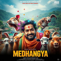 A cinematic action comedy film poster titled 'MEDHANGYA,' featuring an Indian Maharashtrian villager man who possesses both human and animal mind-reading supernatural powers