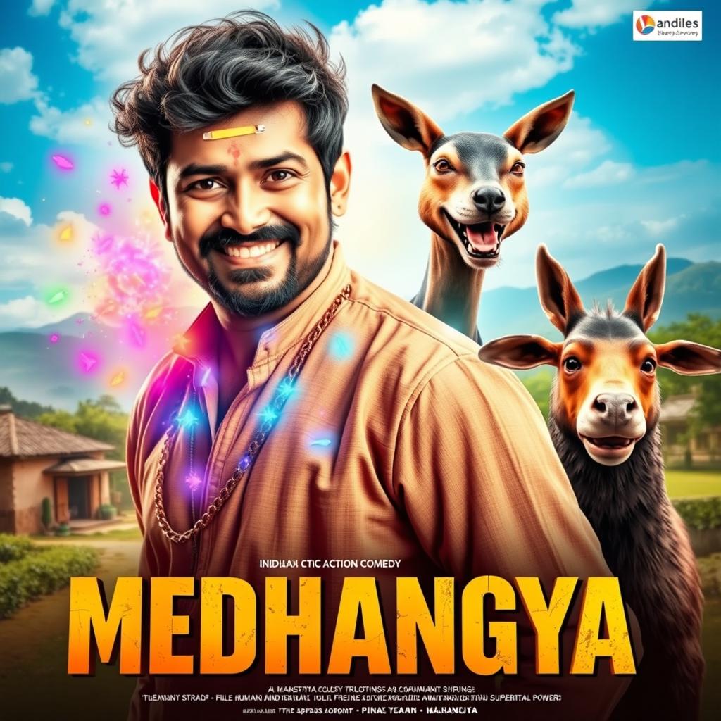 A cinematic action comedy film poster titled 'MEDHANGYA,' featuring an Indian Maharashtrian villager man who possesses both human and animal mind-reading supernatural powers