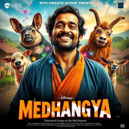 A cinematic action comedy film poster titled 'MEDHANGYA,' featuring an Indian Maharashtrian villager man who possesses both human and animal mind-reading supernatural powers