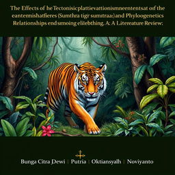 A detailed scene portraying a Sumatran tiger (Panthera tigris sumatrae) moving through a lush, dense jungle environment, surrounded by vibrant foliage and trees