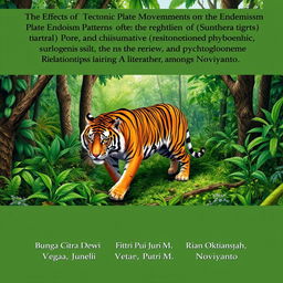 A detailed scene portraying a Sumatran tiger (Panthera tigris sumatrae) moving through a lush, dense jungle environment, surrounded by vibrant foliage and trees