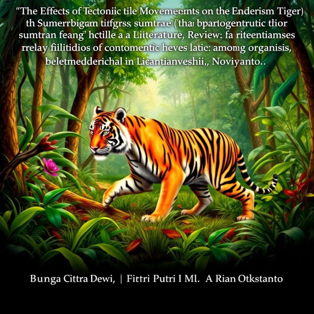 A detailed scene portraying a Sumatran tiger (Panthera tigris sumatrae) moving through a lush, dense jungle environment, surrounded by vibrant foliage and trees