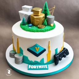 A minimalistic, white Fortnite-inspired birthday cake