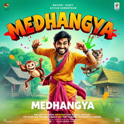 A vibrant and dynamic film poster for an action comedy titled 'MEDHANGYA'