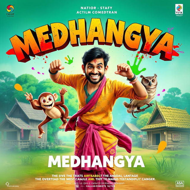 A vibrant and dynamic film poster for an action comedy titled 'MEDHANGYA'