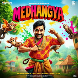 A vibrant and dynamic film poster for an action comedy titled 'MEDHANGYA'
