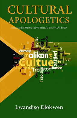 A sophisticated book cover for 'CULTURAL APOLOGETICS: Challenges Facing South African Christians Today' featuring a backdrop of the South African flag colors – green, gold, black, white, blue, and red