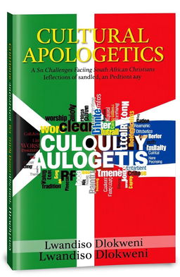 A sophisticated book cover for 'CULTURAL APOLOGETICS: Challenges Facing South African Christians Today' featuring a backdrop of the South African flag colors – green, gold, black, white, blue, and red