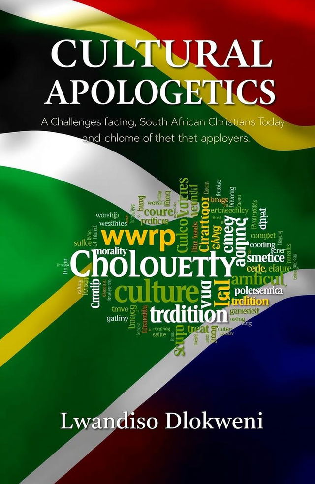 A sophisticated book cover for 'CULTURAL APOLOGETICS: Challenges Facing South African Christians Today' featuring a backdrop of the South African flag colors – green, gold, black, white, blue, and red