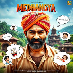A vibrant and dynamic cinematic action comedy film poster titled 'MEDHANGYA', showcasing an Indian Maharashtrian villager man