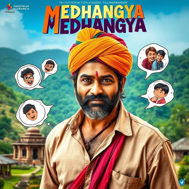 A vibrant and dynamic cinematic action comedy film poster titled 'MEDHANGYA', showcasing an Indian Maharashtrian villager man