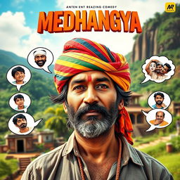 A vibrant and dynamic cinematic action comedy film poster titled 'MEDHANGYA', showcasing an Indian Maharashtrian villager man