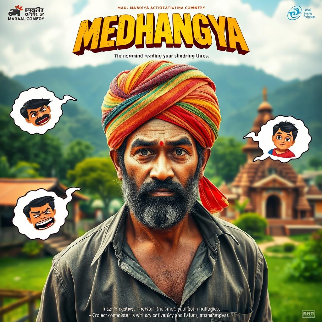 A vibrant and dynamic cinematic action comedy film poster titled 'MEDHANGYA', showcasing an Indian Maharashtrian villager man