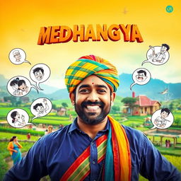 A vibrant cinematic action comedy film poster titled 'MEDHANGYA', featuring an Indian Maharashtrian villager man endowed with human mind-reading supernatural powers