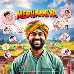A vibrant cinematic action comedy film poster titled 'MEDHANGYA', featuring an Indian Maharashtrian villager man endowed with human mind-reading supernatural powers