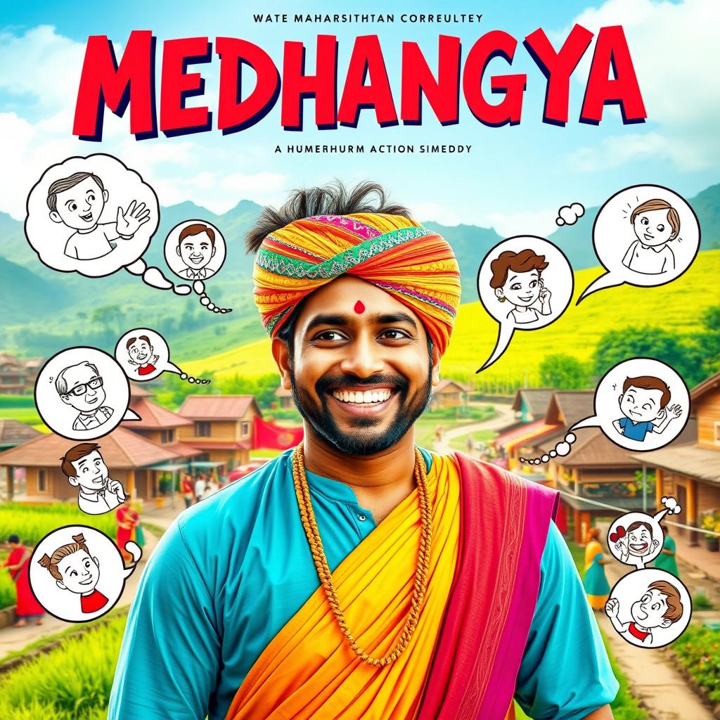 A vibrant cinematic action comedy film poster titled 'MEDHANGYA', featuring an Indian Maharashtrian villager man endowed with human mind-reading supernatural powers