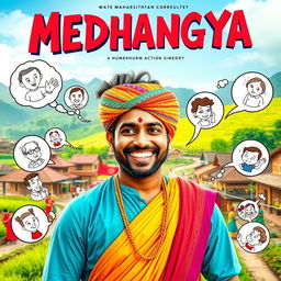 A vibrant cinematic action comedy film poster titled 'MEDHANGYA', featuring an Indian Maharashtrian villager man endowed with human mind-reading supernatural powers