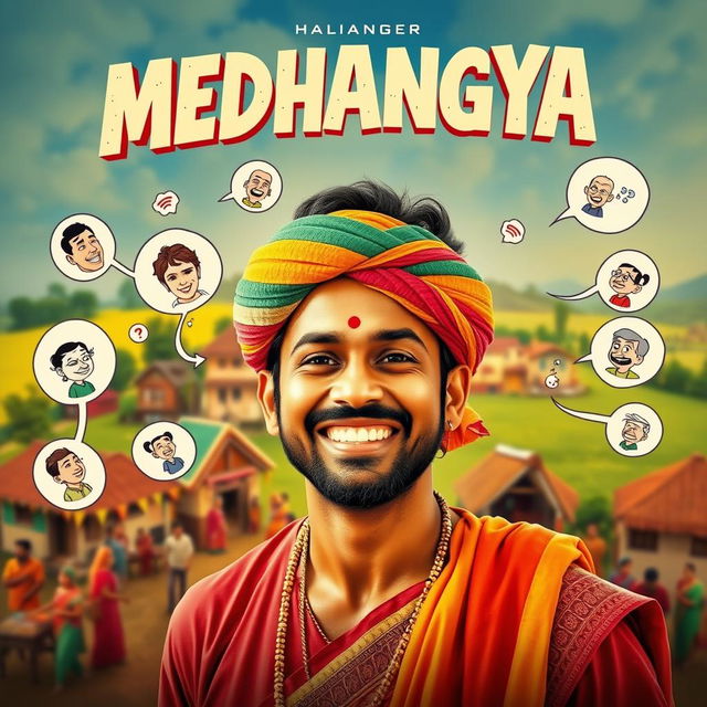 A vibrant cinematic action comedy film poster titled 'MEDHANGYA', featuring an Indian Maharashtrian villager man endowed with human mind-reading supernatural powers