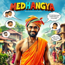 A captivating and humorous cinematic action comedy film poster titled 'MEDHANGYA', featuring an Indian Maharashtrian village man with a warm and approachable demeanor