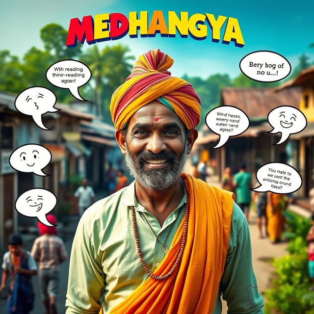 A captivating and humorous cinematic action comedy film poster titled 'MEDHANGYA', featuring an Indian Maharashtrian village man with a warm and approachable demeanor