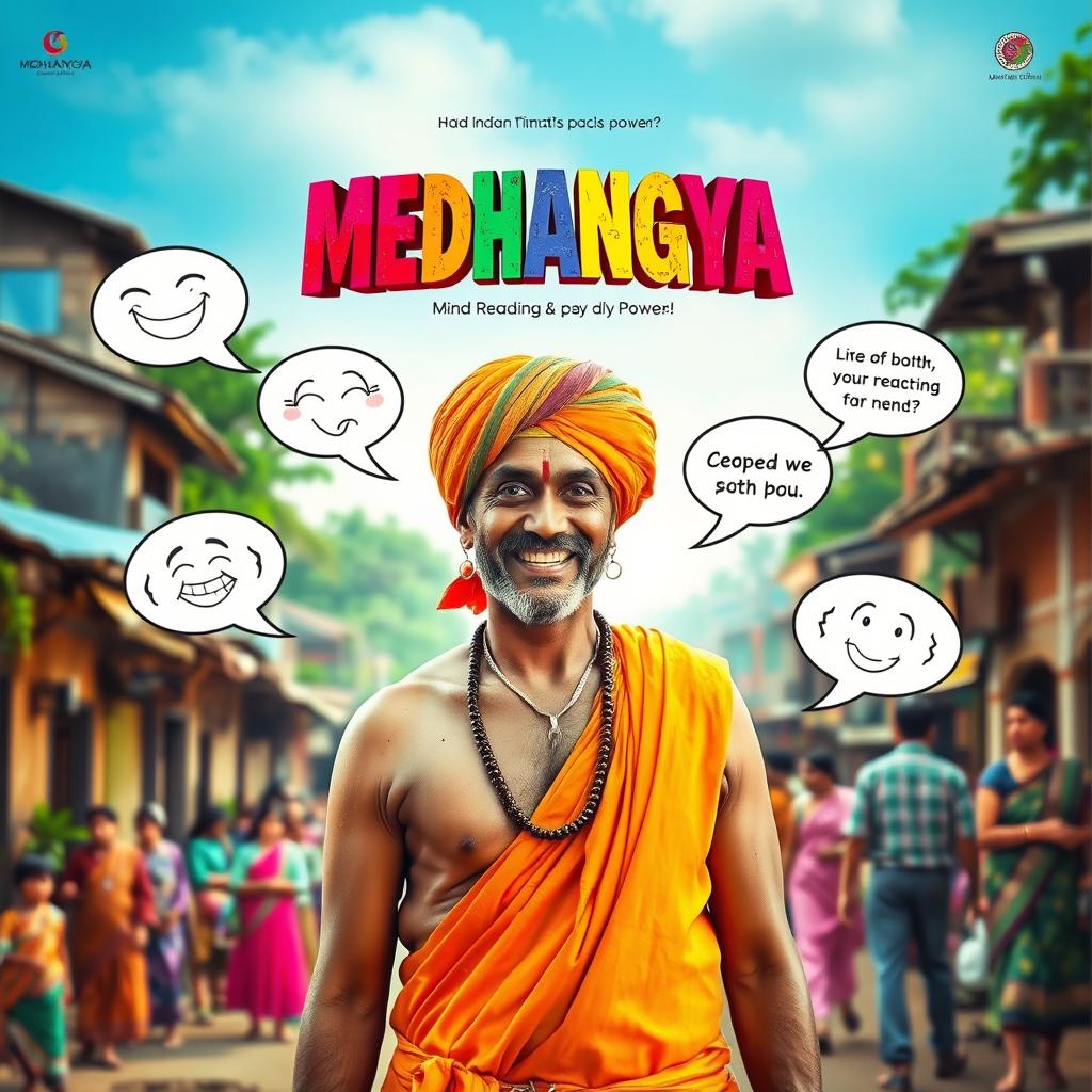 A captivating and humorous cinematic action comedy film poster titled 'MEDHANGYA', featuring an Indian Maharashtrian village man with a warm and approachable demeanor