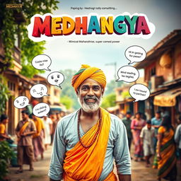 A captivating and humorous cinematic action comedy film poster titled 'MEDHANGYA', featuring an Indian Maharashtrian village man with a warm and approachable demeanor