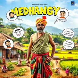 A lively cinematic action comedy film poster titled 'MEDHANGYA', featuring a Maharashtrian village man with an engaging and charismatic presence