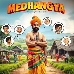 A lively cinematic action comedy film poster titled 'MEDHANGYA', featuring a Maharashtrian village man with an engaging and charismatic presence
