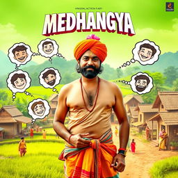 A lively cinematic action comedy film poster titled 'MEDHANGYA', featuring a Maharashtrian village man with an engaging and charismatic presence