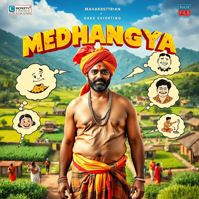 A lively cinematic action comedy film poster titled 'MEDHANGYA', featuring a Maharashtrian village man with an engaging and charismatic presence