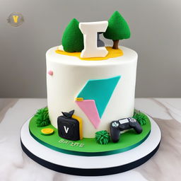 A minimalistic, white Fortnite-inspired birthday cake