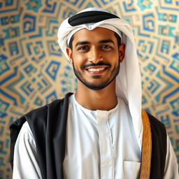 A portrait of a Muslim man in traditional attire, wearing a white thobe and a black agal, with a kind smile