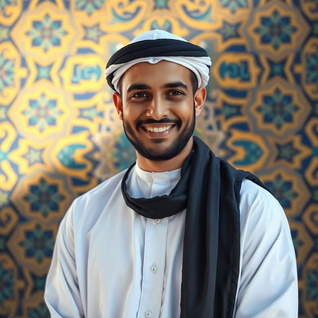 A portrait of a Muslim man in traditional attire, wearing a white thobe and a black agal, with a kind smile