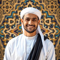 A portrait of a Muslim man in traditional attire, wearing a white thobe and a black agal, with a kind smile