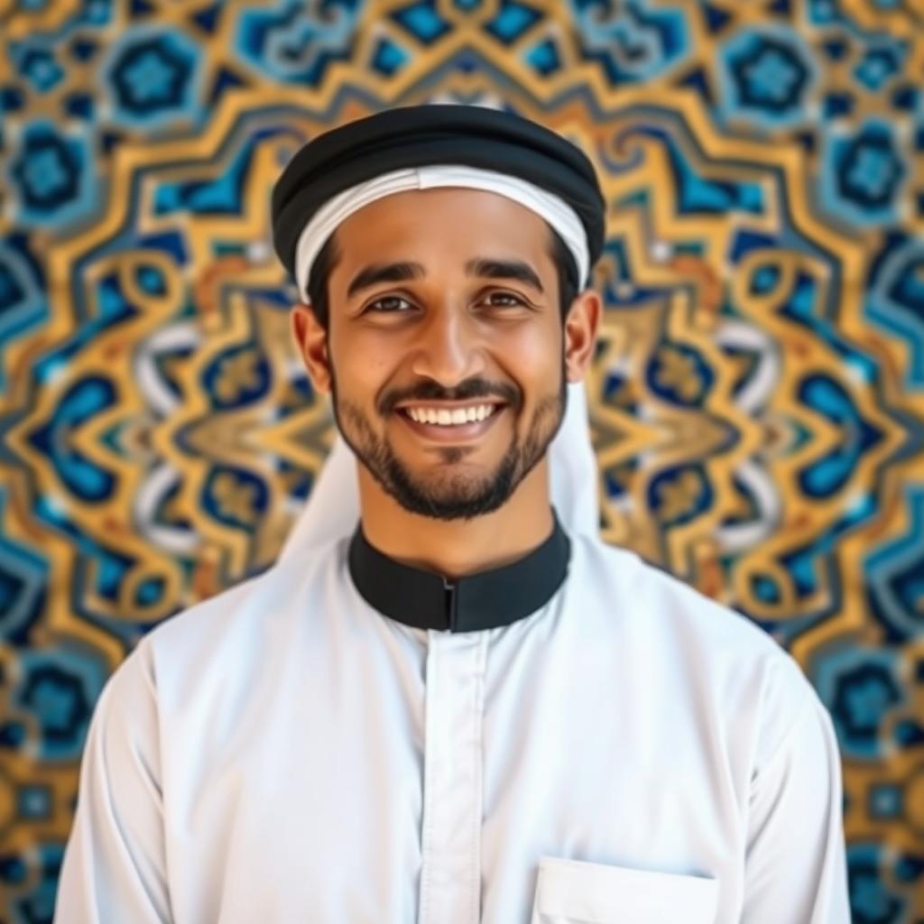 A portrait of a Muslim man in traditional attire, wearing a white thobe and a black agal, with a kind smile