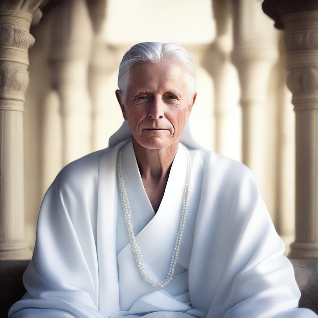 A majestic white male, adorned in elegantly flowing white robes, radiating serenity and peace.