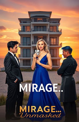 A luxurious five-story apartment building in an elegant Plantation Hamptons style set on the beach, with a stunning sunset casting warm hues in the background