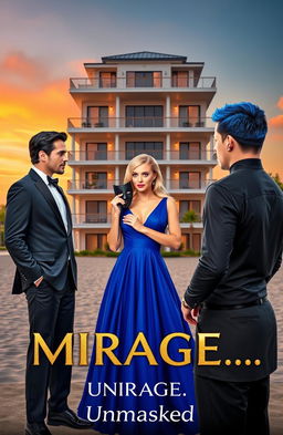 A luxurious five-story apartment building in an elegant Plantation Hamptons style set on the beach, with a stunning sunset casting warm hues in the background