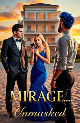 A luxurious five-story apartment building in an elegant Plantation Hamptons style set on the beach, with a stunning sunset casting warm hues in the background