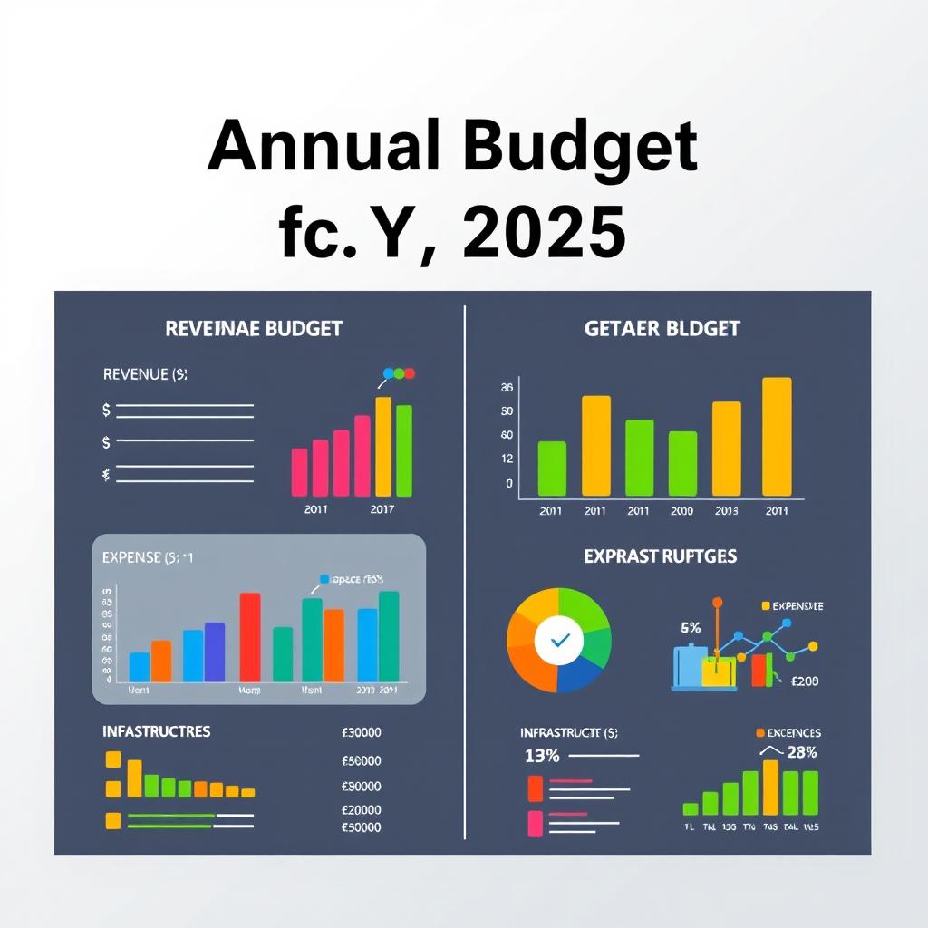 A creative and visually appealing annual budget document design for the fiscal year 2025, featuring a modern layout with clear sections for revenue and expenses