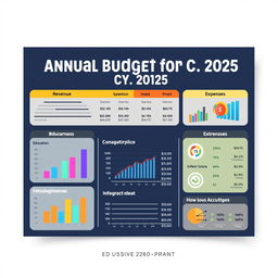 A creative and visually appealing annual budget document design for the fiscal year 2025, featuring a modern layout with clear sections for revenue and expenses