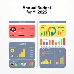 A creative and visually appealing annual budget document design for the fiscal year 2025, featuring a modern layout with clear sections for revenue and expenses