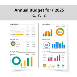 A creative and visually appealing annual budget document design for the fiscal year 2025, featuring a modern layout with clear sections for revenue and expenses