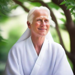 A majestic white male, adorned in elegantly flowing white robes, radiating serenity and peace.