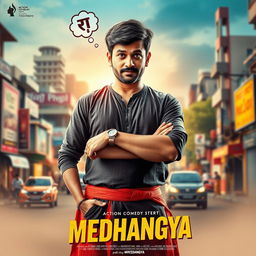 A cinematic film poster for an action comedy titled 'MEDHANGYA', featuring a charming Maharashtrian man, dressed in traditional attire, standing confidently in an urban environment